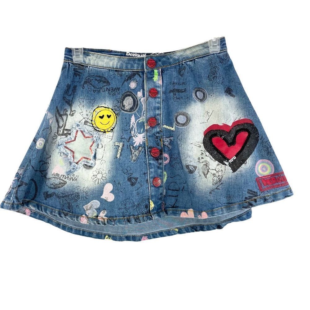 Desigual graffiti print button down skater denim skirt Sz 7/8‎
